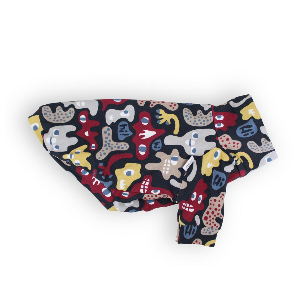 Monsters halloween pattern. Shirt with raglan sleeves for dogs, from Lana Royals Pet Wear.