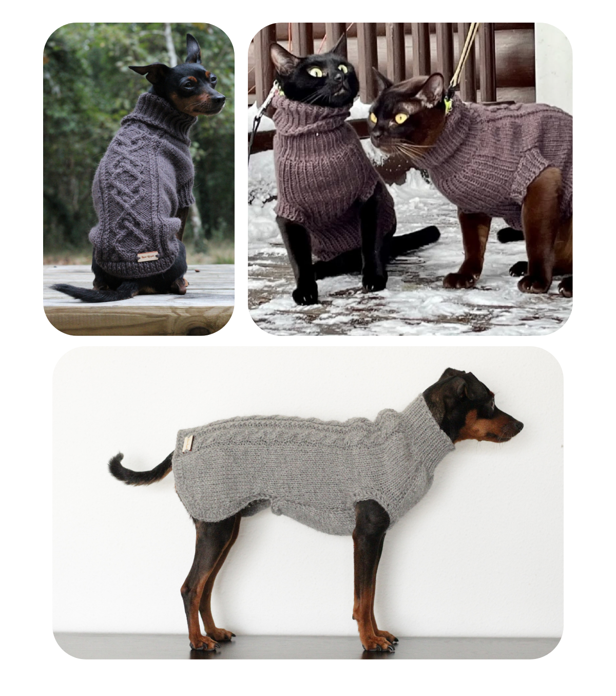 Collage of dogs and cats wearing brown and gray hand-knitted sweaters in various settings, custom made by Lana Royals Pet Wear