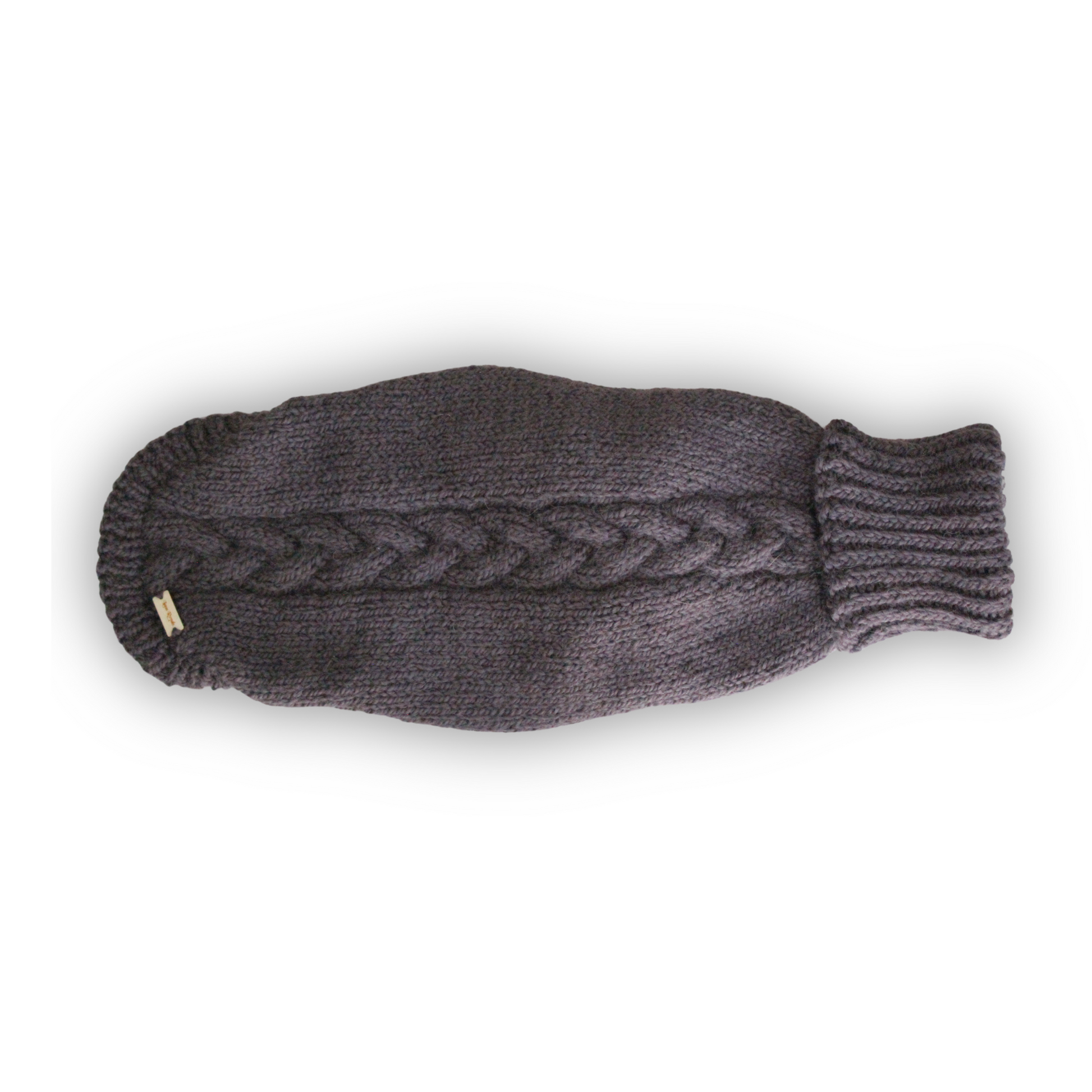 Hand-knitted alpaca wool turtleneck dog sweater with braid design on the back from Lana Royals Pet Wear.