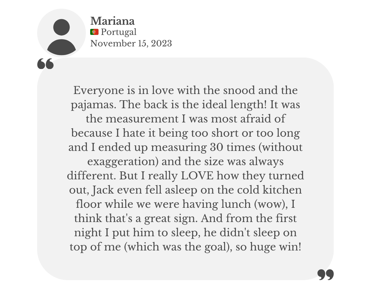 Customer testimonial from Mariana: her dog is cozy and warm in the ‘Cuddlebear’ hand-knitted alpaca wool snood and fleece pajamas jumpsuit by Lana Royals Pet Wear, perfectly made to her dog’s measurements, and she loves everything.