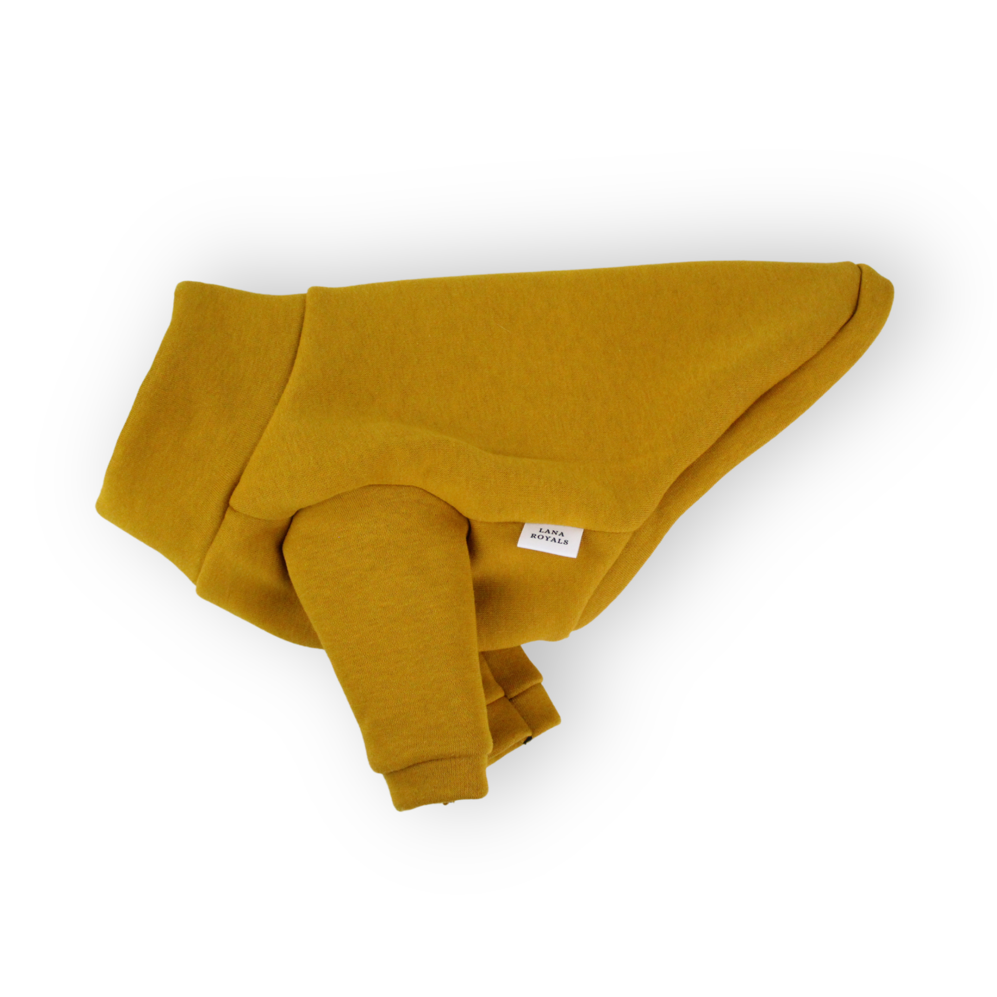 Mustard cotton dog sweatshirt jumper with front sleeves from Lana Royals Pet Wear.
