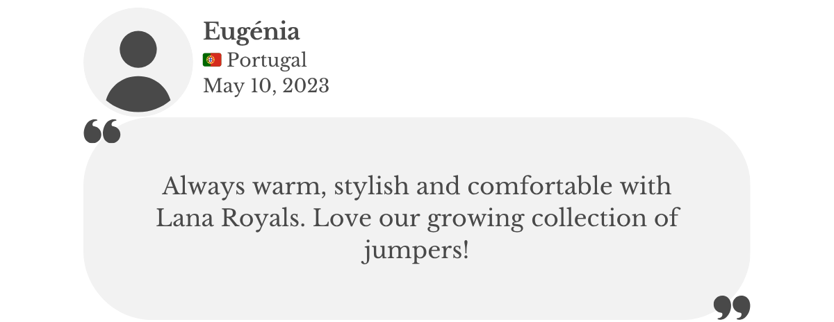 Product review from Eugénia, saying how she loves Lana Royals Pet Wear jumper and has a whole growing collections of custom-made clothing for her dog.