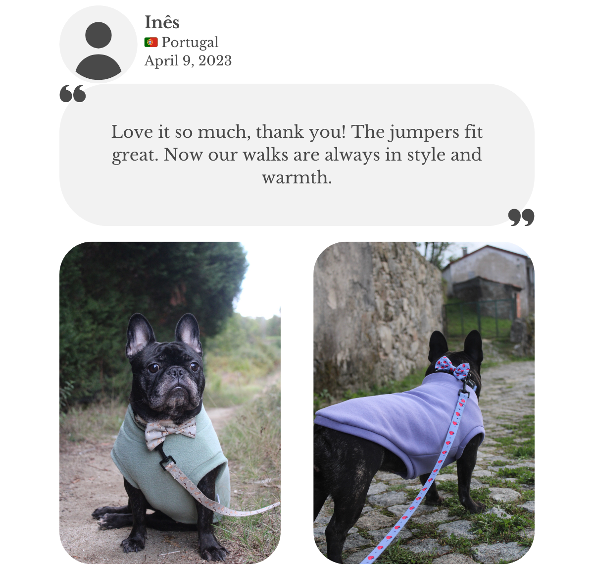 Customer testimonial from Portugal: her French Bulldog wears aqua fleece and lilac sweatshirt vests from Lana Royals Pet Wear. Customer praises the perfect fit, keeping walks stylish and warm.