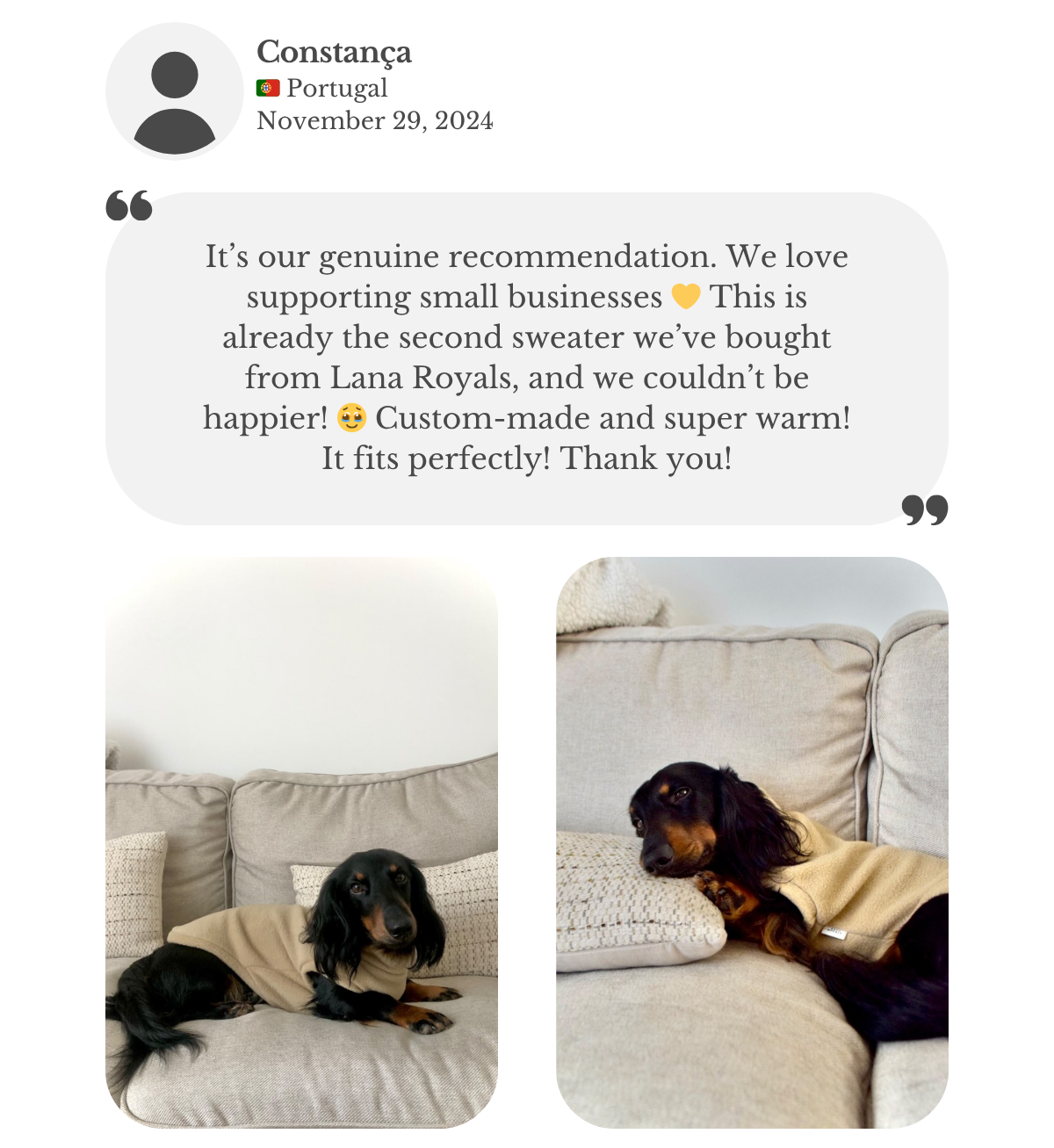 Dachshund wearing a beige polar fleece handmade custom jumper. On her written feedback Constança says it's her second order and it's a genuine recommendation — custom-made, fits perfectly and super warm.
