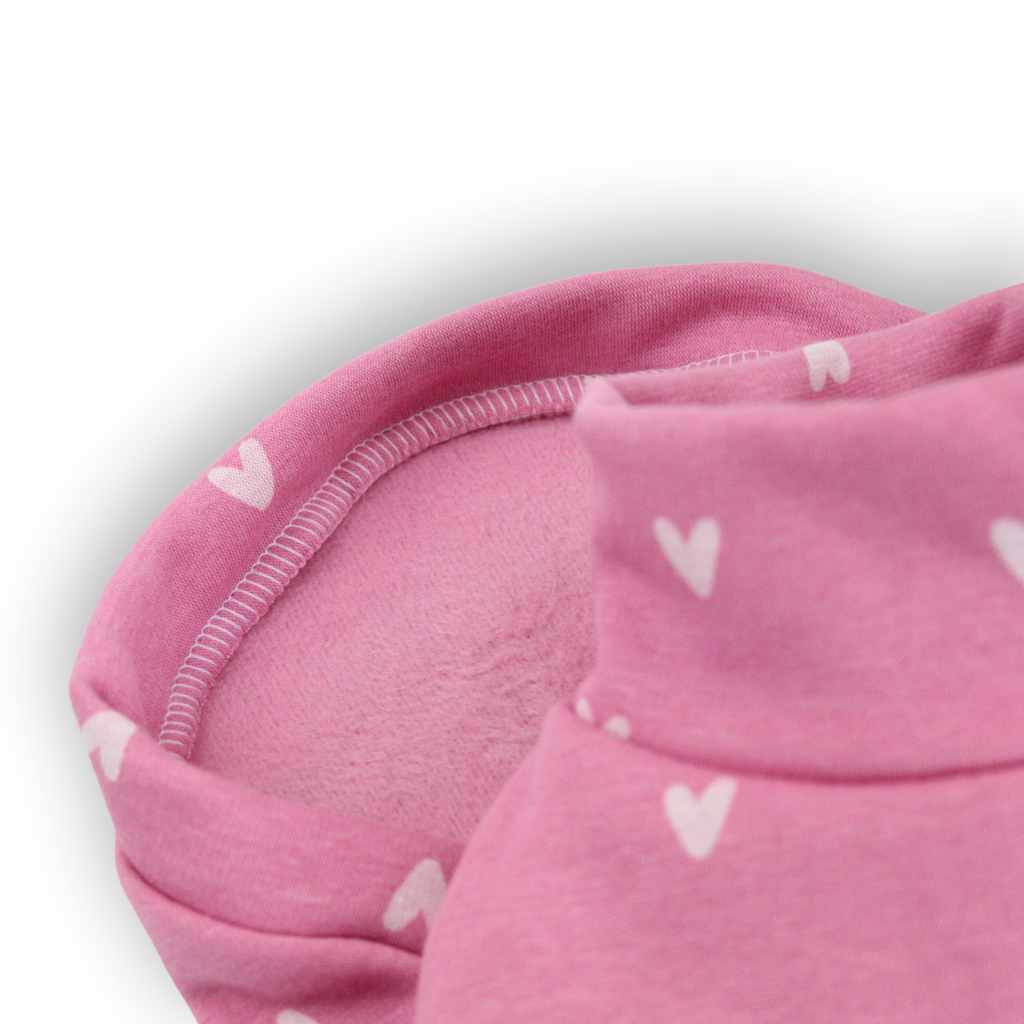 Pink alpine fleece sweatshirt with white hearts for miniature dogs from Lana Royals Pet Wear.