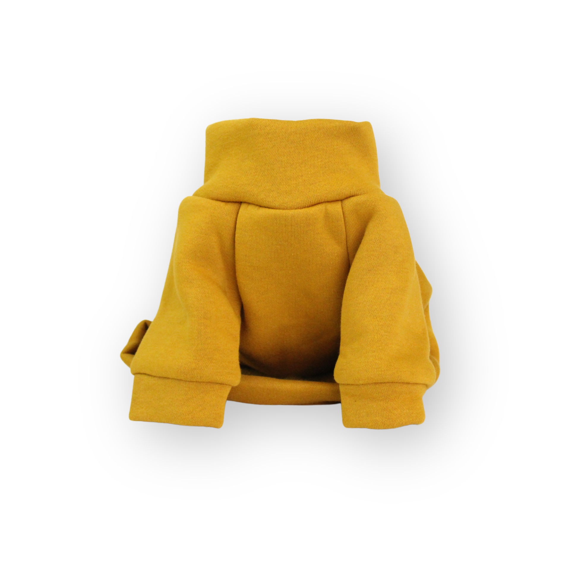 Mustard yellow cotton dog sweatshirt with front sleeves from Lana Royals Pet Wear.