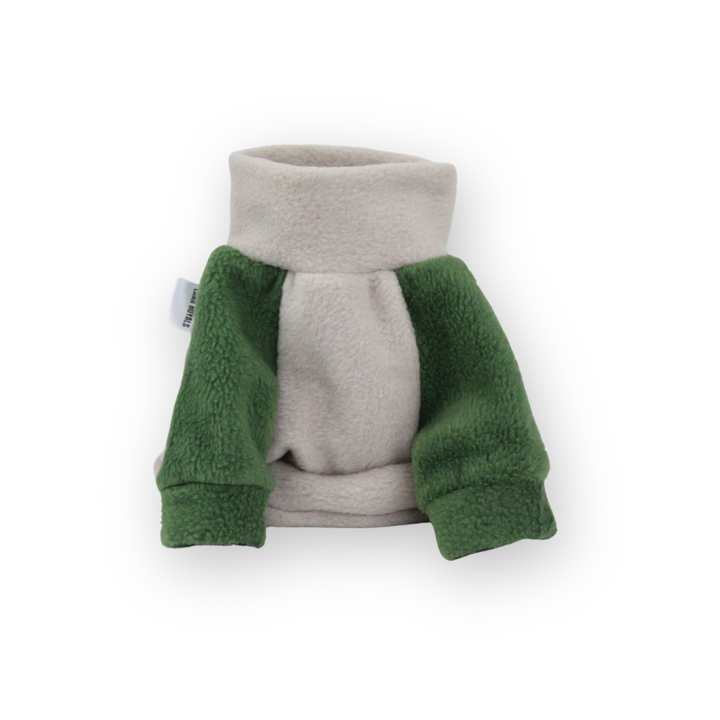 Beige dog jumper with pine green raglan sleeves from Lana Royals Pet Wear.