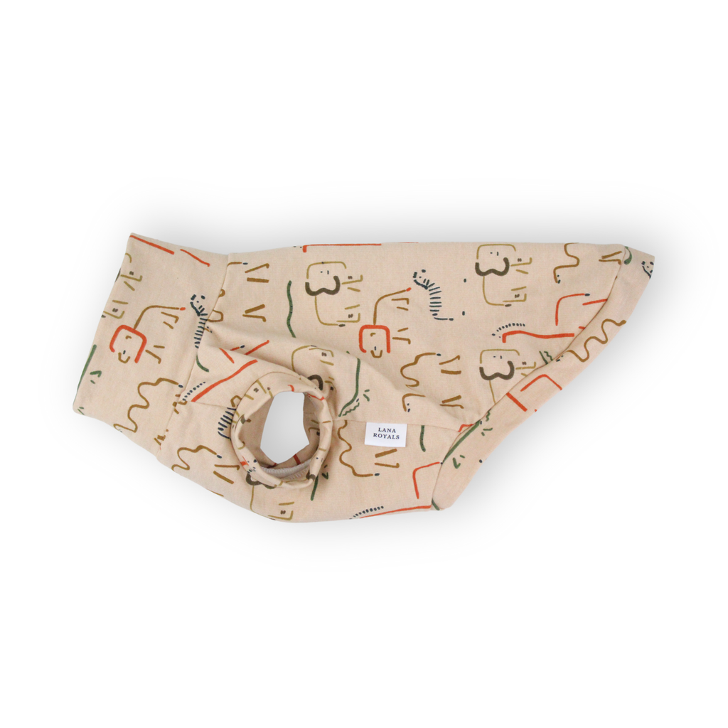 Beige cotton shirt with abstract wild animals for miniature dogs from Lana Royals Pet Wear.