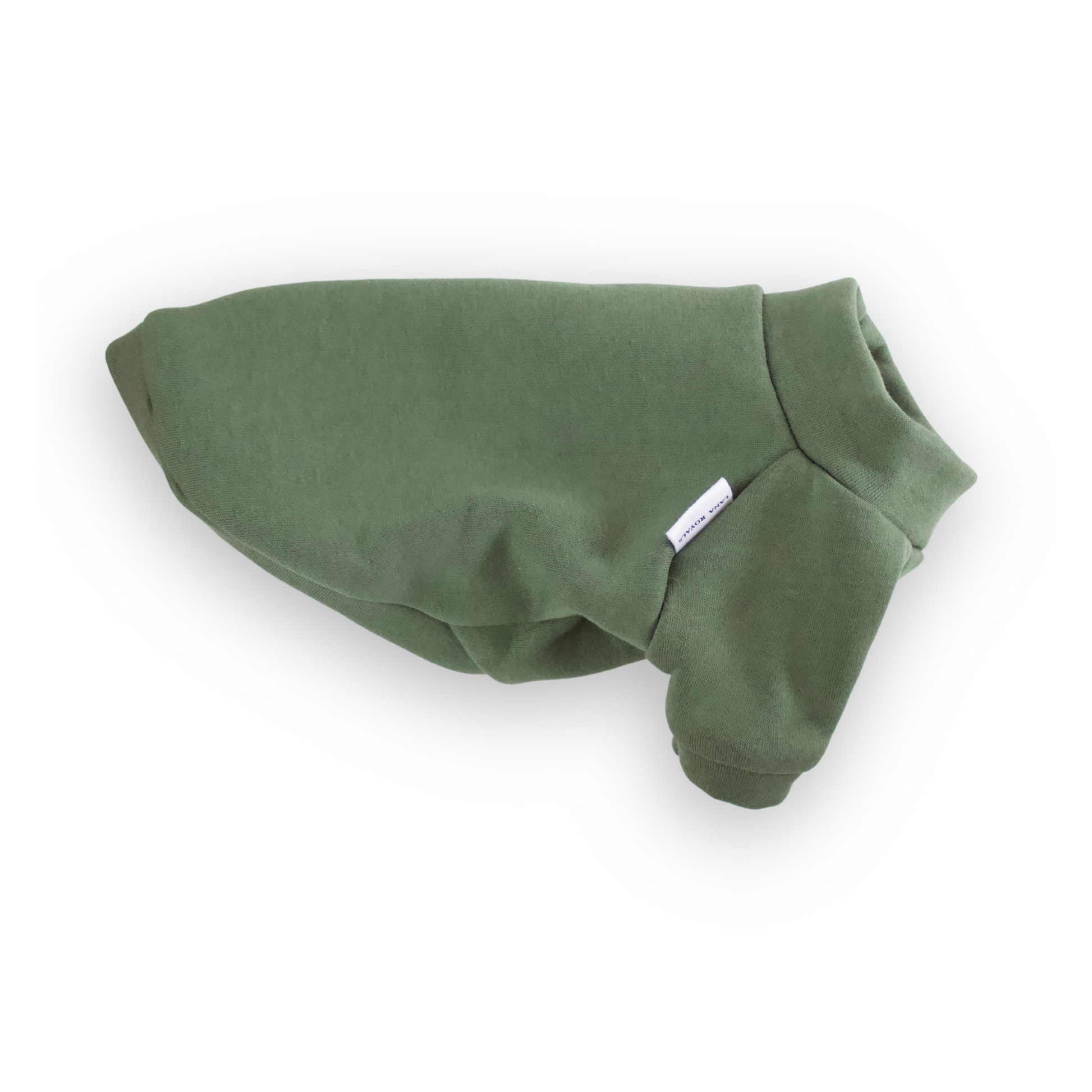 Olive green cotton sweatshirt with raglan sleeves for miniature dogs from Lana Royals Pet Wear.