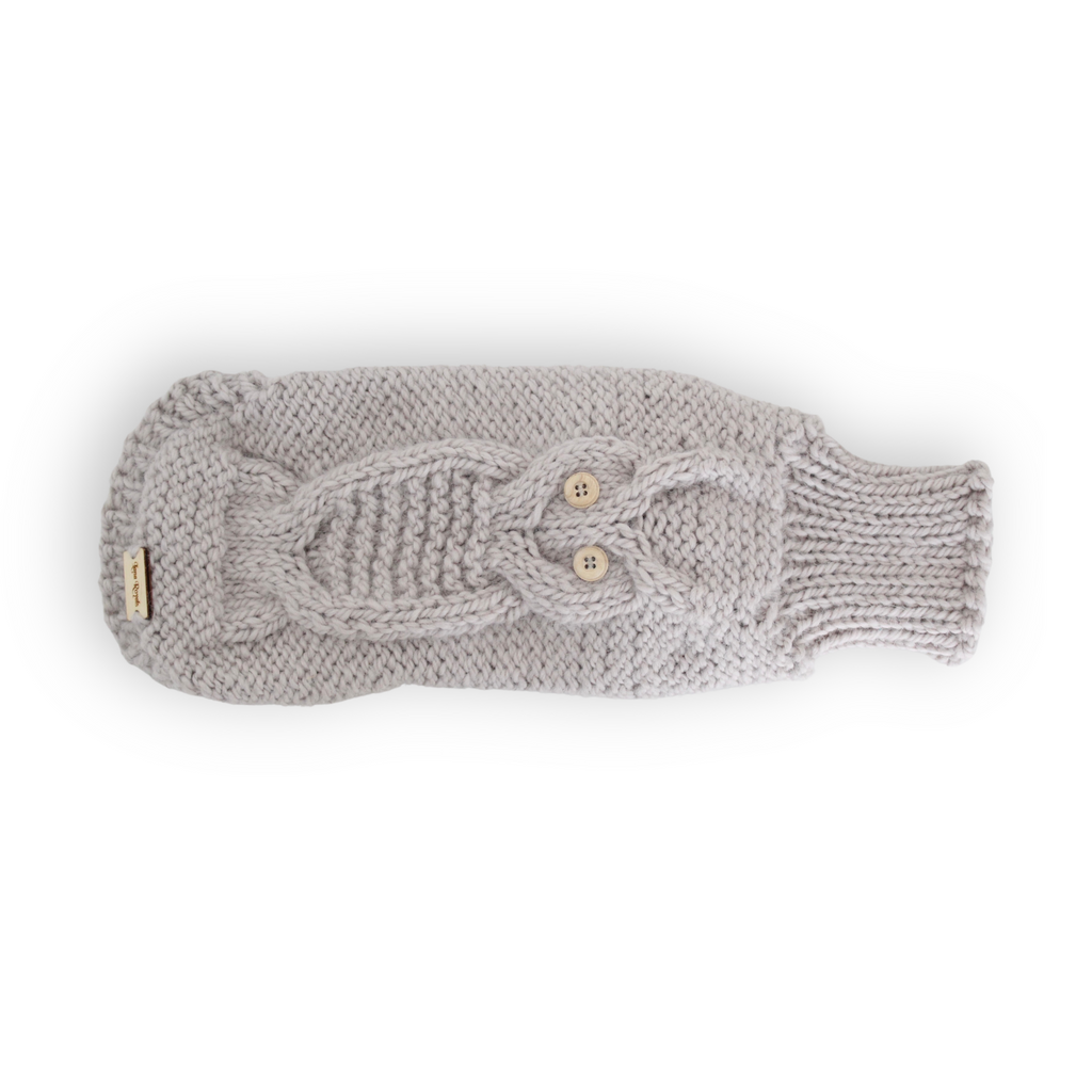 Hand-knitted grey alpaca wool sweater with owl design for miniature dogs from Lana Royals Pet Wear.