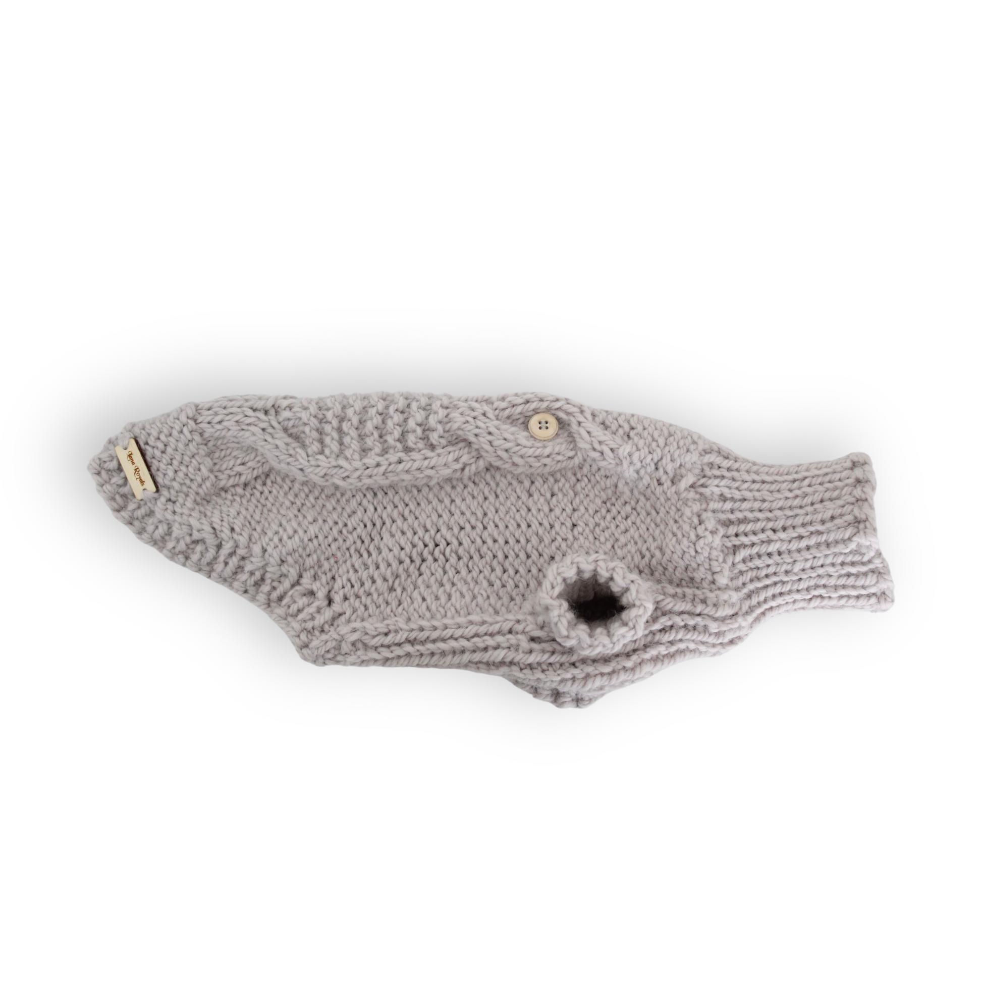 Hand-knitted grey alpaca wool dog sweater with owl design from Lana Royals Pet Wear.