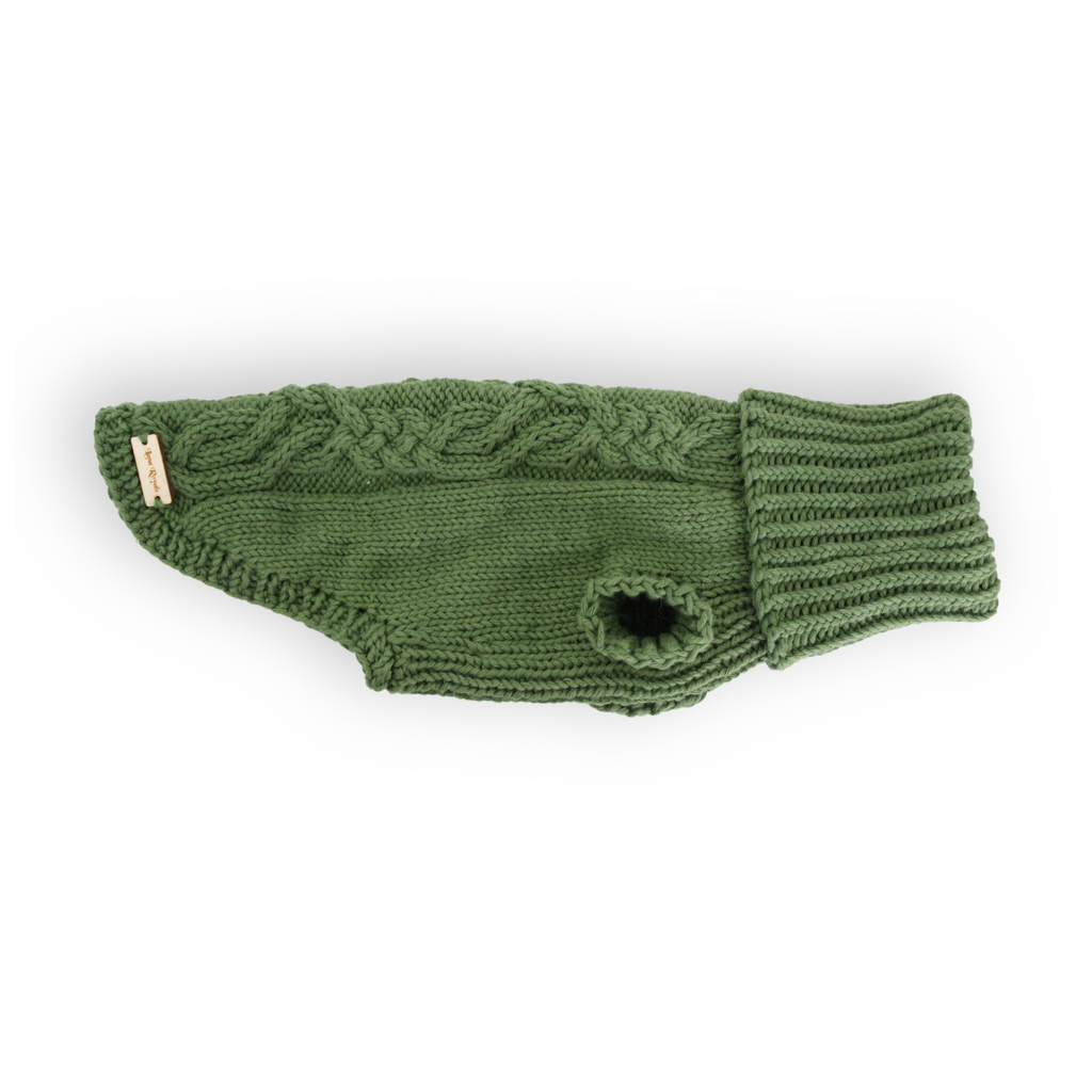 Hand-knitted forest green cotton turtleneck dog sweater, from Lana Royals Pet Wear.