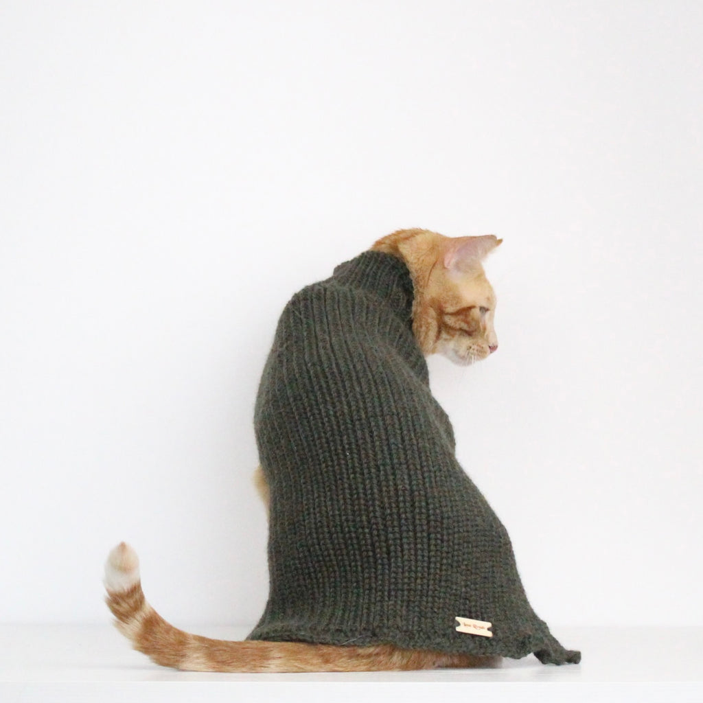Ginger cat wearing a hand-knitted alpaca wool sweater in dark green color, custom-made to measure by Lana Royals Pet Wear. 