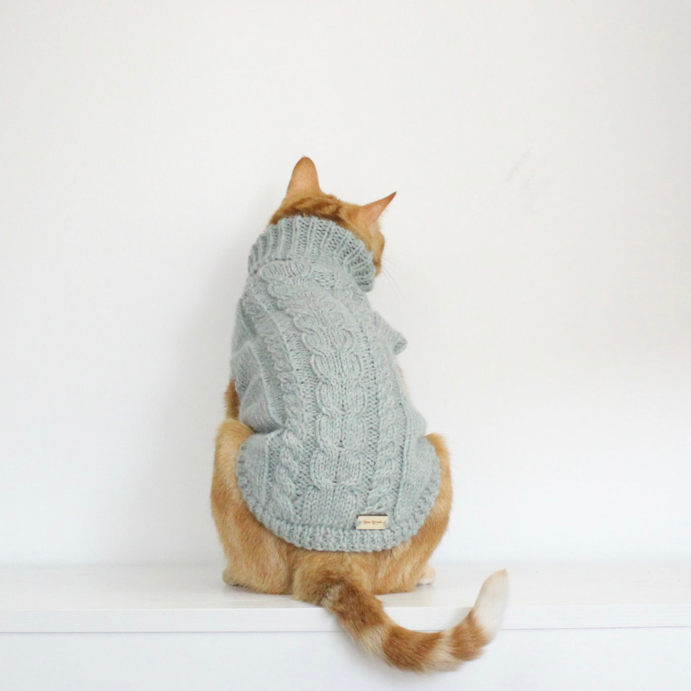 Ginger cat wearing a hand-knitted alpaca wool turtleneck sweater in soft mint color, custom-made to measure by Lana Royals Pet Wear. Showcasing of the braids design from the back view.
