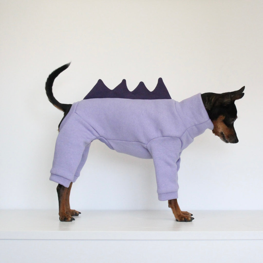 Miniature pinscher wearing a lilac cotton sweatshirt jumpsuit with purple dinosaur spikes costume add-on, custom-tailored to measure by Lana Royals Pet Wear.