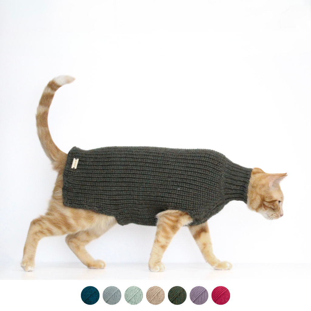 Ginger cat wearing a hand-knitted alpaca wool sweater in dark green color sweater, custom-tailored to measure by Lana Royals Pet Wear.