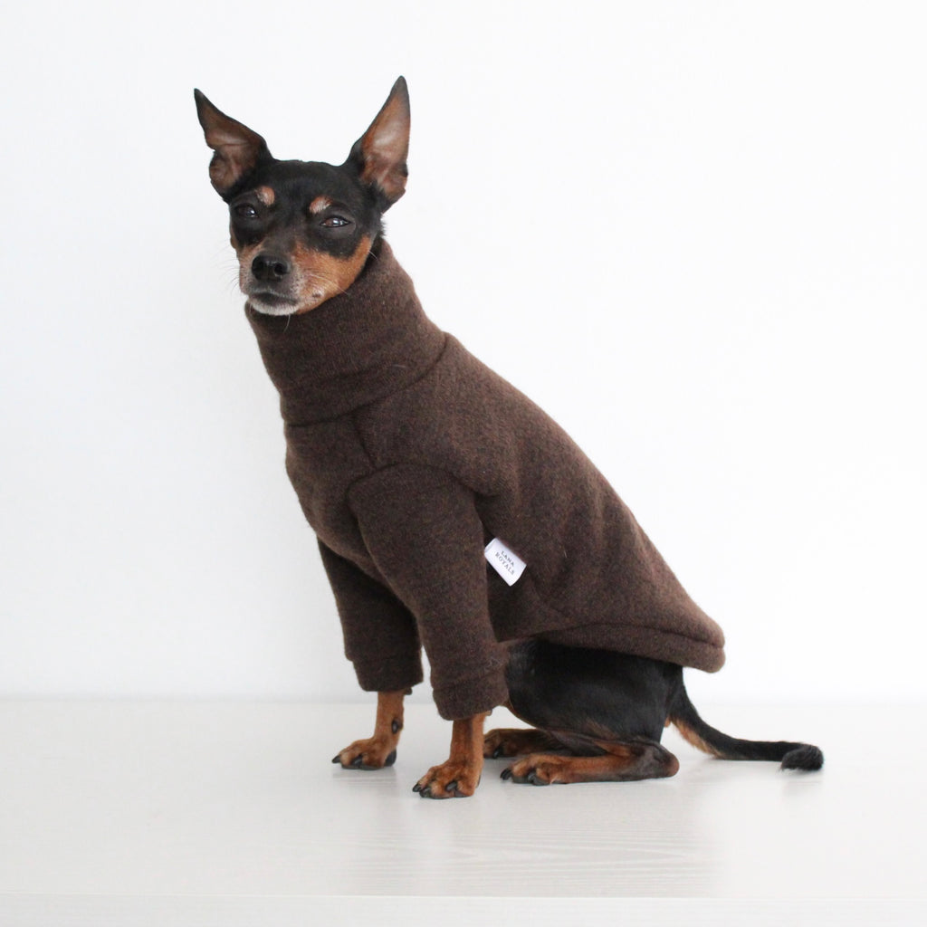 WOOLLY Dark Brown Wool Fabric Jumper with Front Sleeves for Dogs | Custom-Tailored, Made to Measure