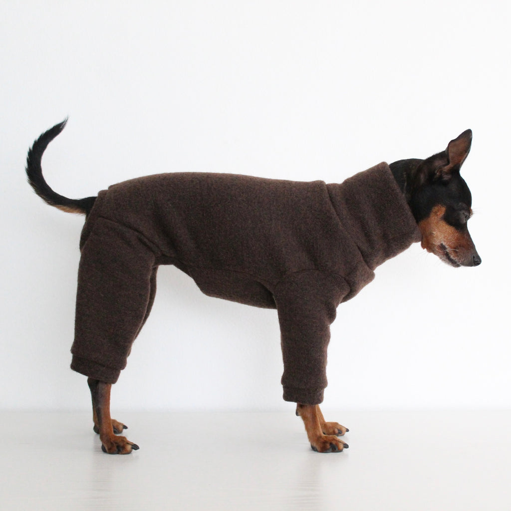 WOOLLY Dark Brown Wool Fabric Onesie Pullover Jumpsuit for Dogs | Custom-Tailored, Made to Measure