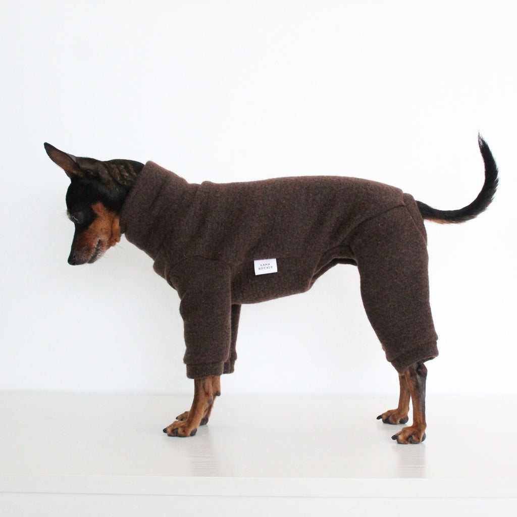 WOOLLY Dark Brown Wool Fabric Onesie Pullover Jumpsuit for Dogs | Custom-Tailored, Made to Measure